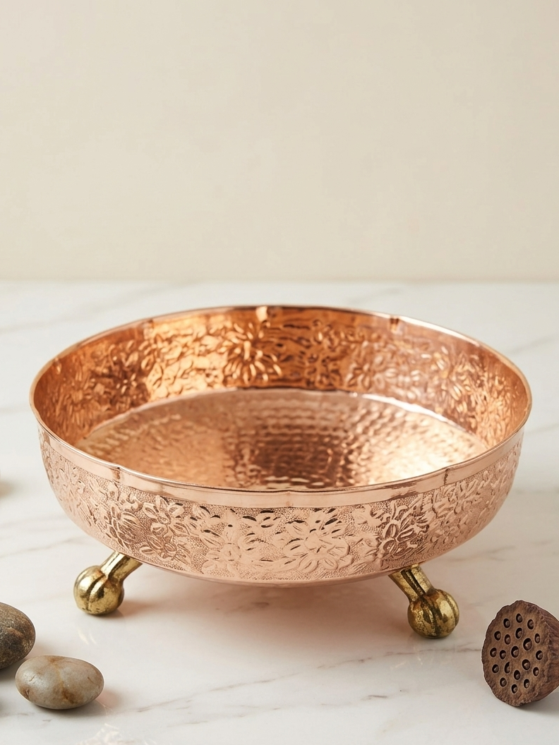 Pure Copper 8” Imperial Bowl, Carving & Hammered Finish