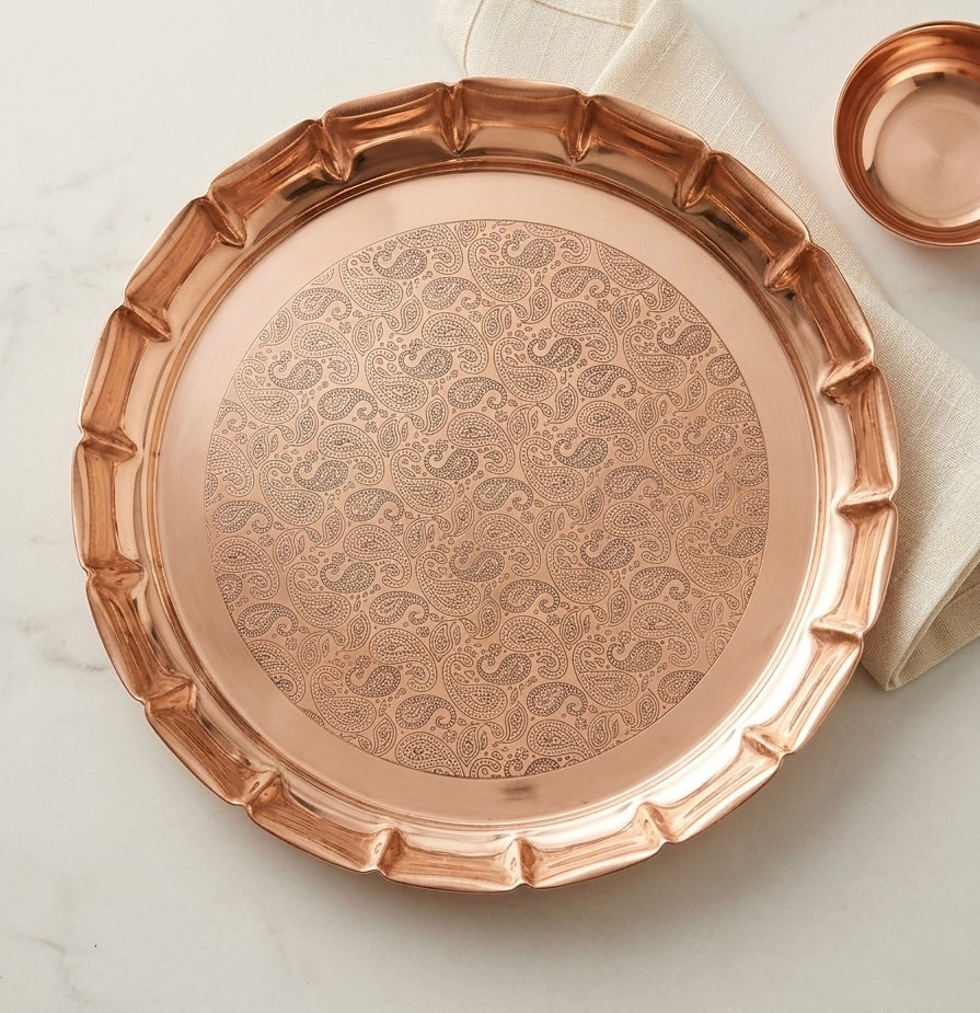 Copper Lotus Plate, Banrasi Etching, Pure Copper Handmade Plate