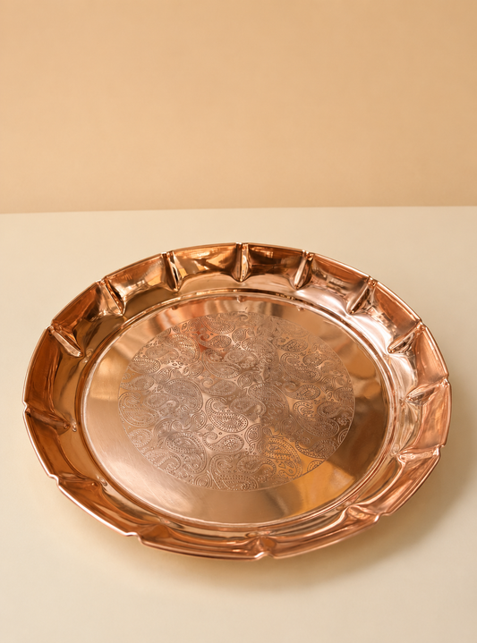 Copper Lotus Plate, Banrasi Etching, Pure Copper Handmade Plate