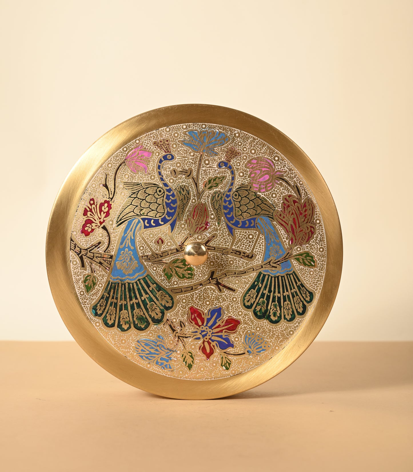 Brass 8" Masala Box | Meena Work Masala dabba | Pure brass | Peacock meena