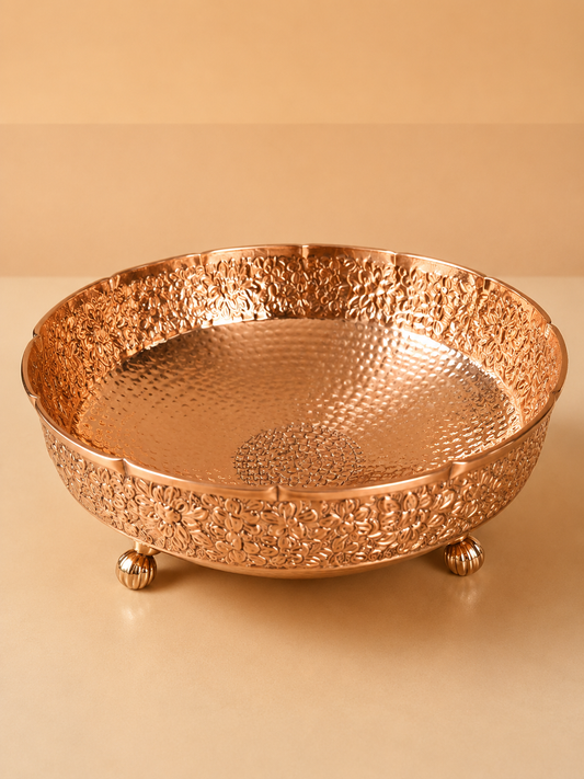 Pure Copper 8” Imperial Bowl, Carving & Hammered Finish
