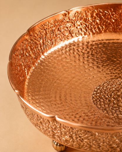 Pure Copper 8” Imperial Bowl, Carving & Hammered Finish