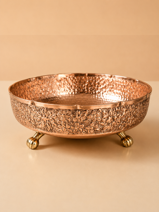 Pure Copper 8” Imperial Bowl, Carving & Hammered Finish