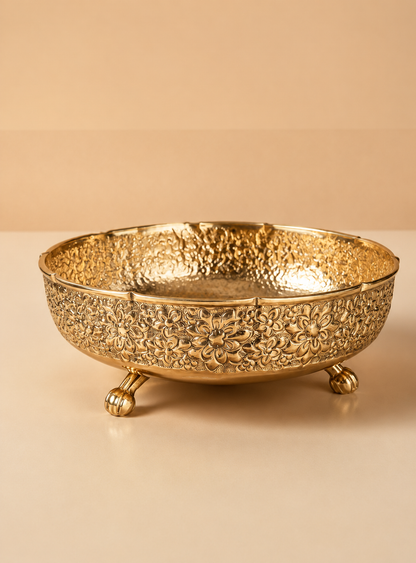 Pure Brass Imperial Bowl, Hammered Bottom, Carving Top
