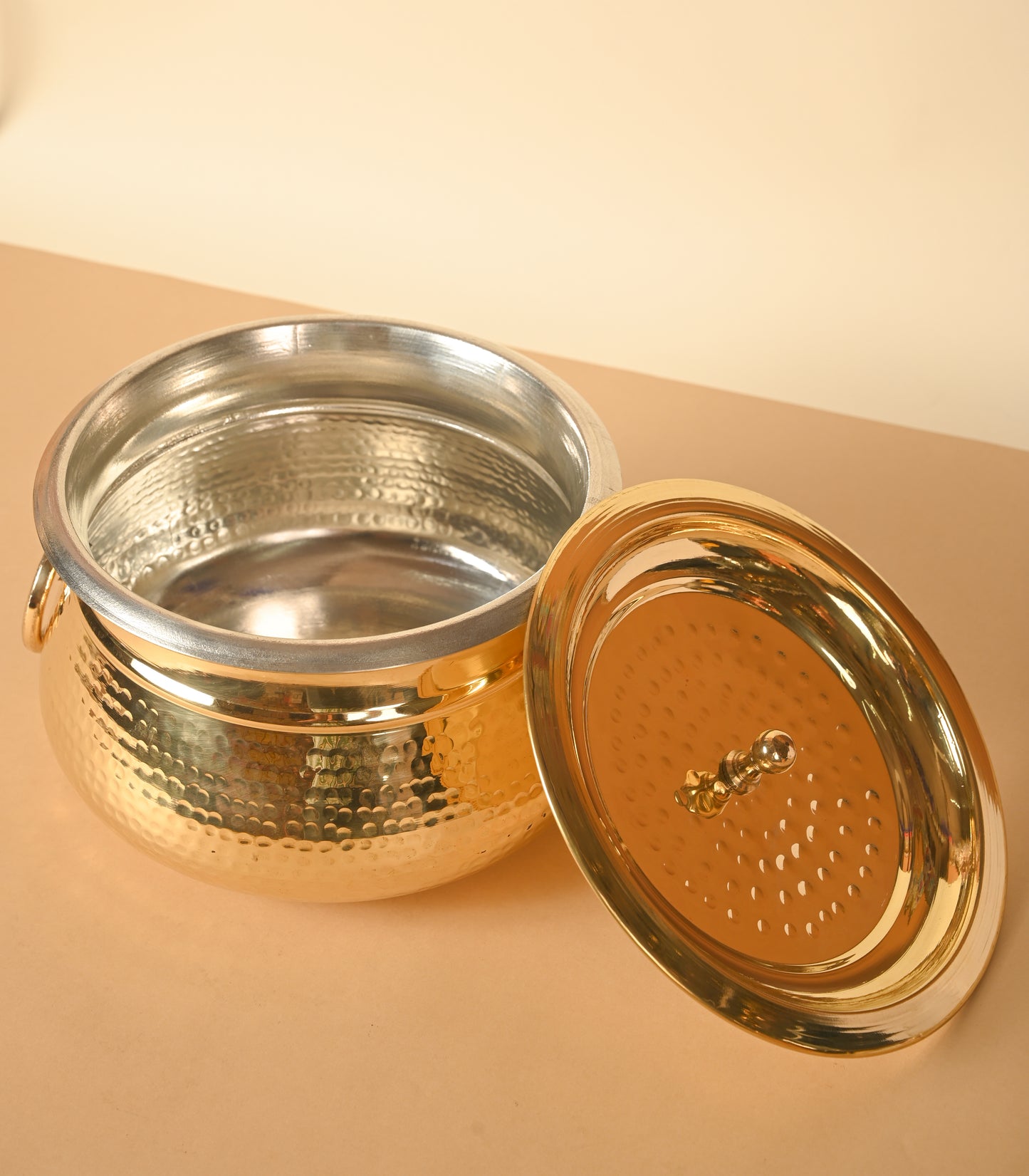 Brass Deg for Cooking & Serving, Pure Brass with Tin Coating Inside, Hammered Handi