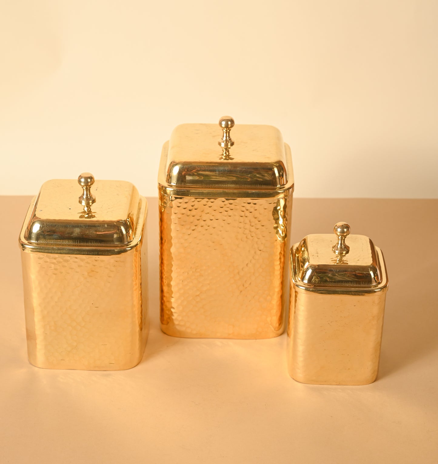 Brass Square Dabba with Knob, Hammered Container for Storage | Multipurpose Storage Box | Set of 3