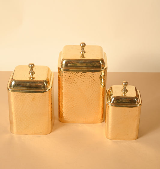 Brass Square Dabba with Knob, Hammered Container for Storage | Multipurpose Storage Box | Set of 3