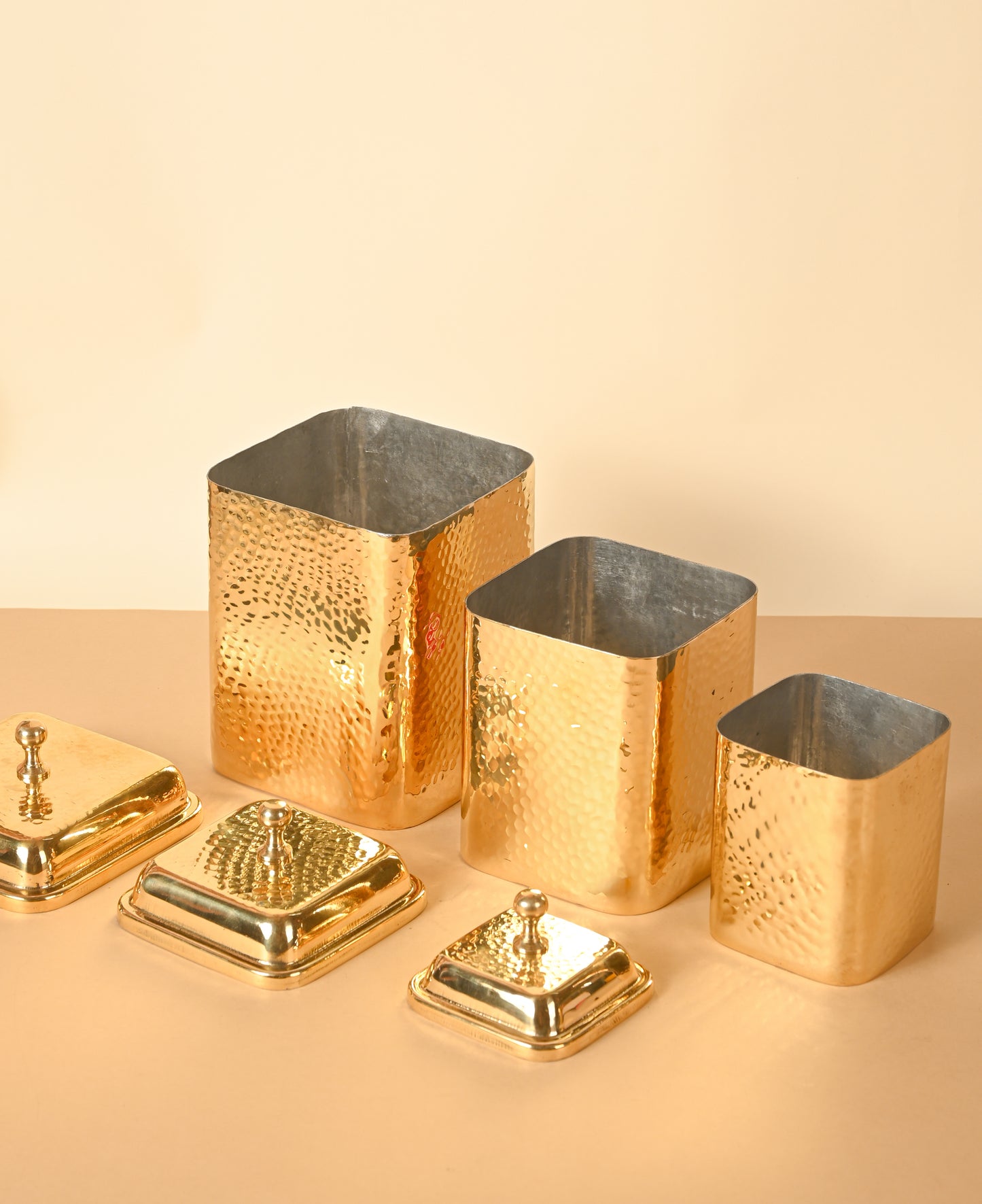 Brass Square Dabba with Knob, Hammered Container for Storage | Multipurpose Storage Box | Set of 3