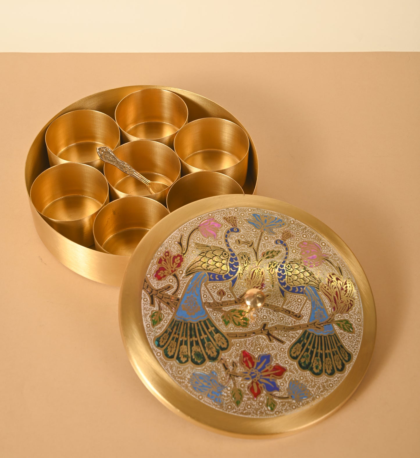 Brass 8" Masala Box | Meena Work Masala dabba | Pure brass | Peacock meena