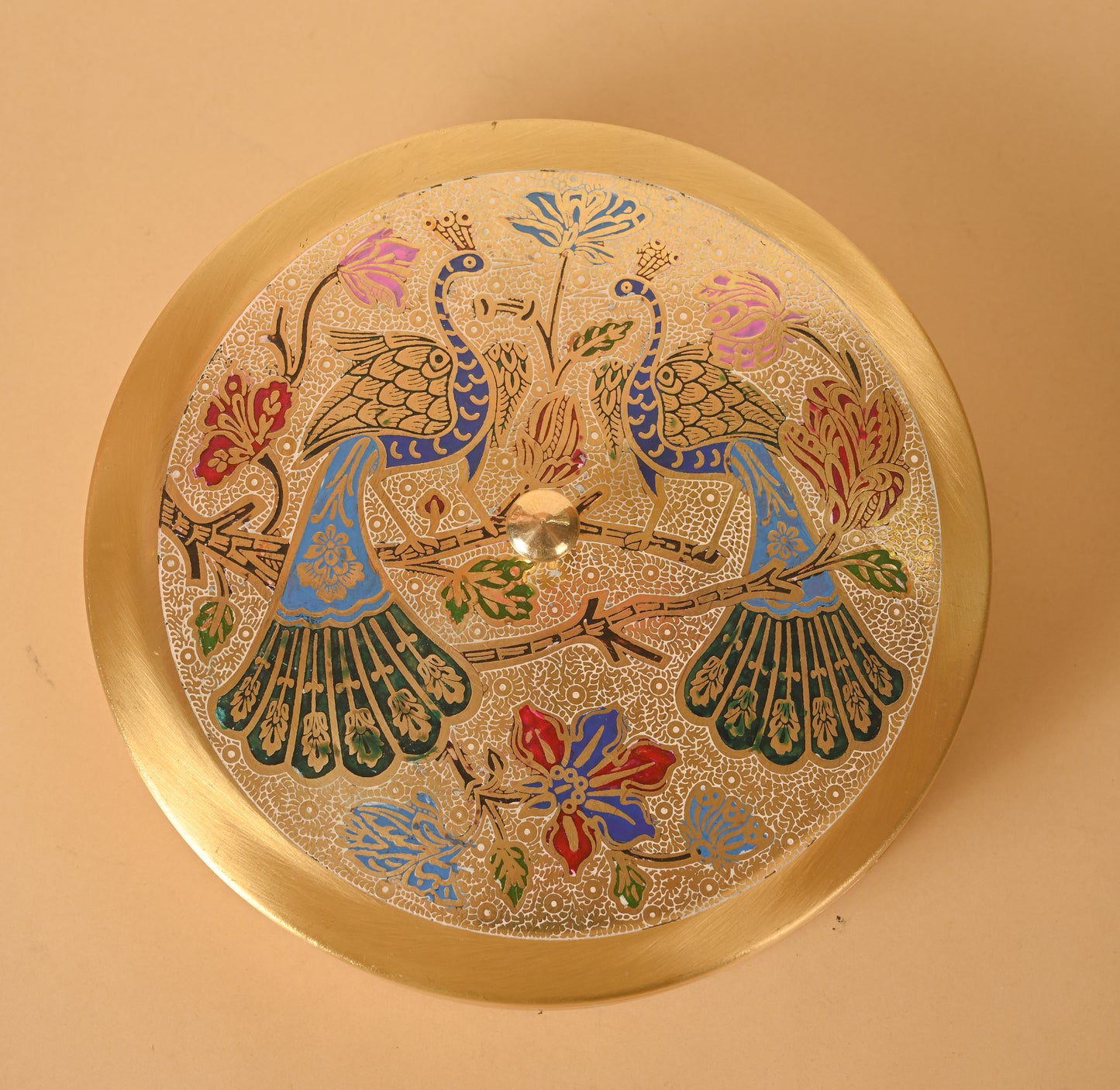 Brass 8" Masala Box | Meena Work Masala dabba | Pure brass | Peacock meena