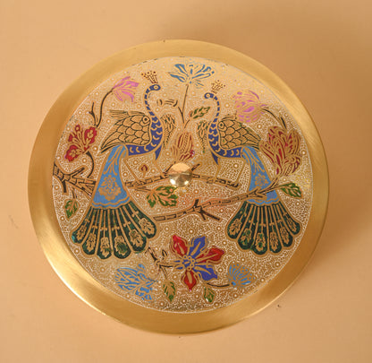 Brass 8" Masala Box | Meena Work Masala dabba | Pure brass | Peacock meena