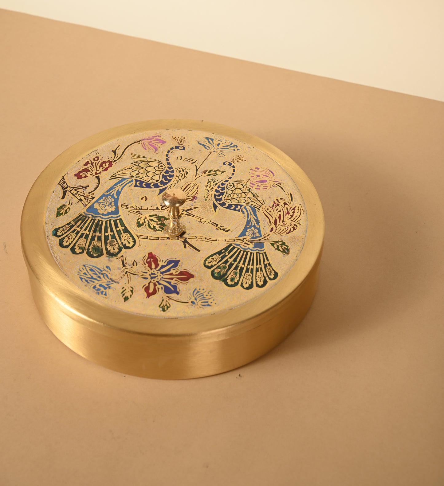 Brass 8" Masala Box | Meena Work Masala dabba | Pure brass | Peacock meena