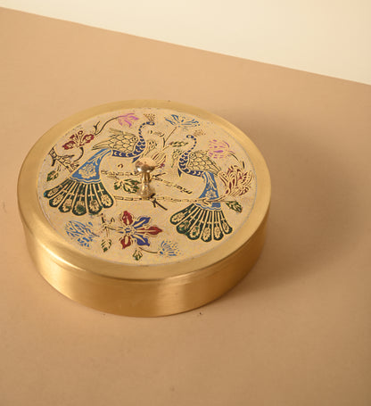 Brass 8" Masala Box | Meena Work Masala dabba | Pure brass | Peacock meena