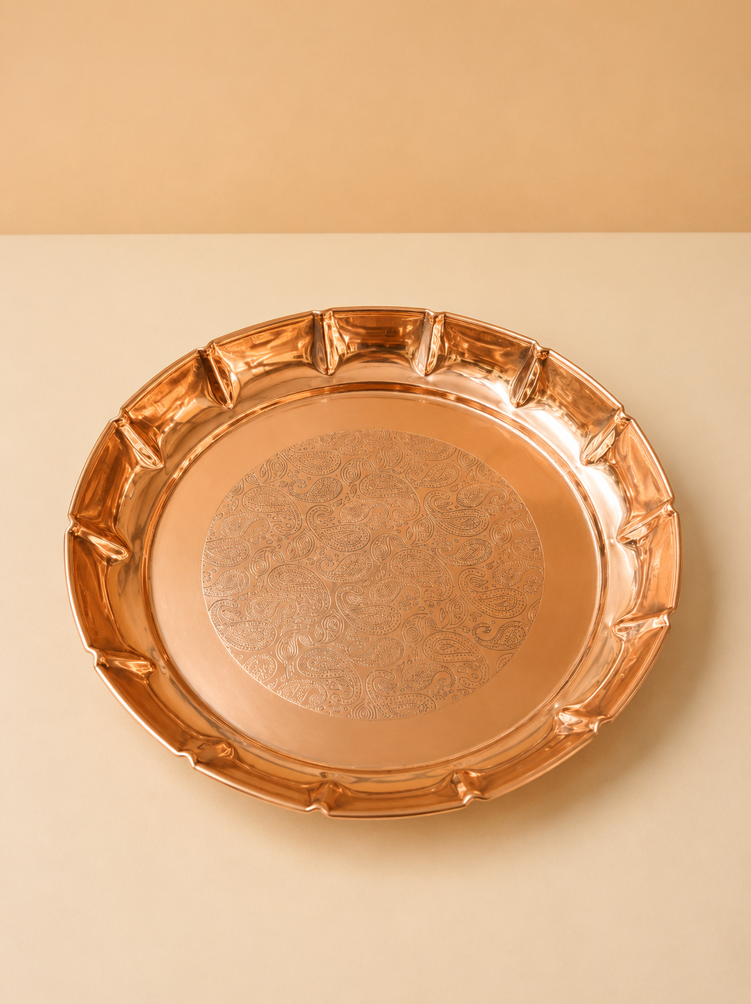 Copper Lotus Plate, Banrasi Etching, Pure Copper Handmade Plate