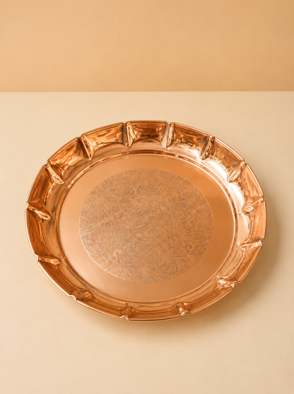 Copper Lotus Plate, Banrasi Etching, Pure Copper Handmade Plate