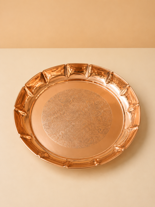 Copper Lotus Plate, Banrasi Etching, Pure Copper Handmade Plate