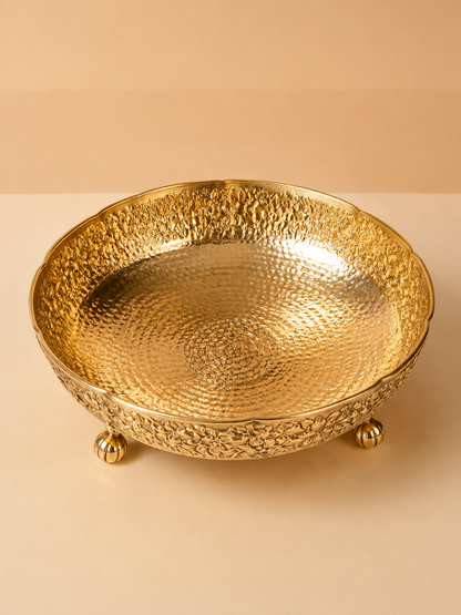 Pure Brass Imperial Bowl, Hammered Bottom, Carving Top
