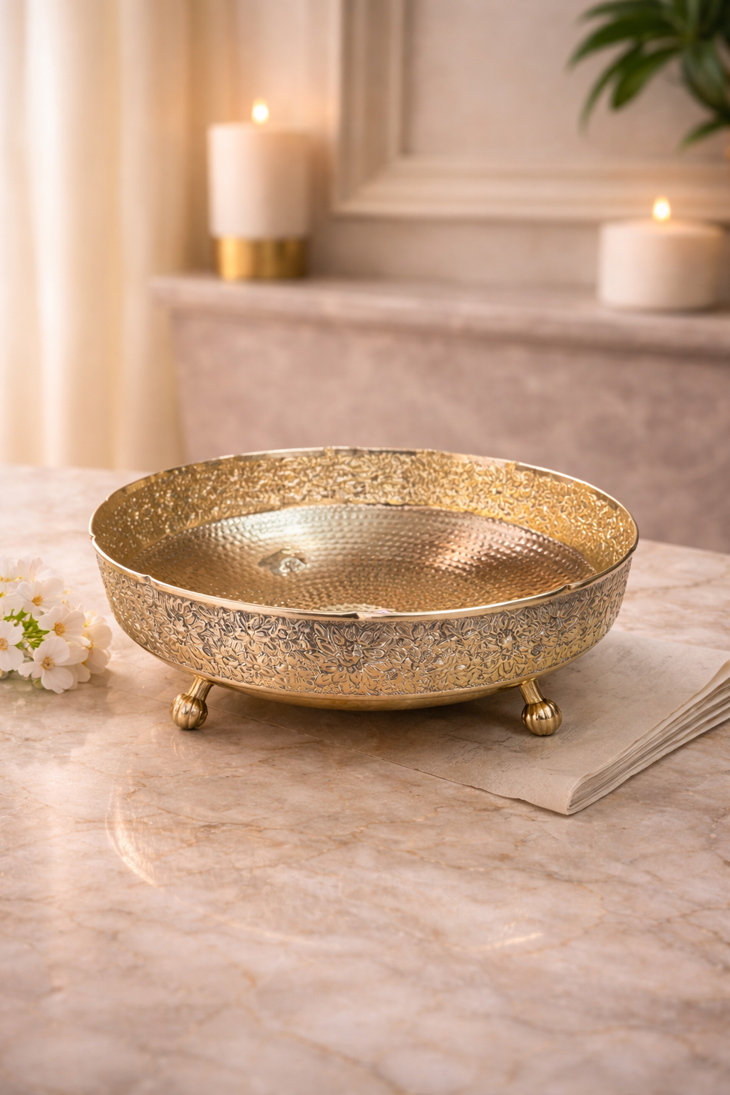 Pure Brass Imperial Bowl, Hammered Bottom, Carving Top